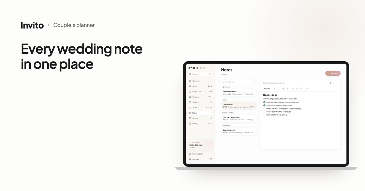 The Notes section of the couples’ app: a list of notes and an open note with decor ideas