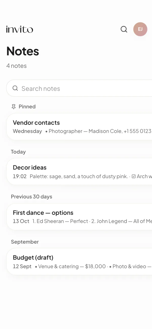 The list of notes on a phone with the sections Pinned, Today and Previous 7 days