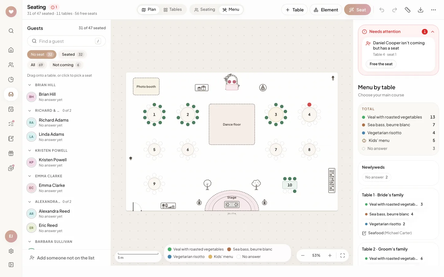 Menu mode: Menu by table on the right with meal totals, the kids’ menu and a breakdown for each table