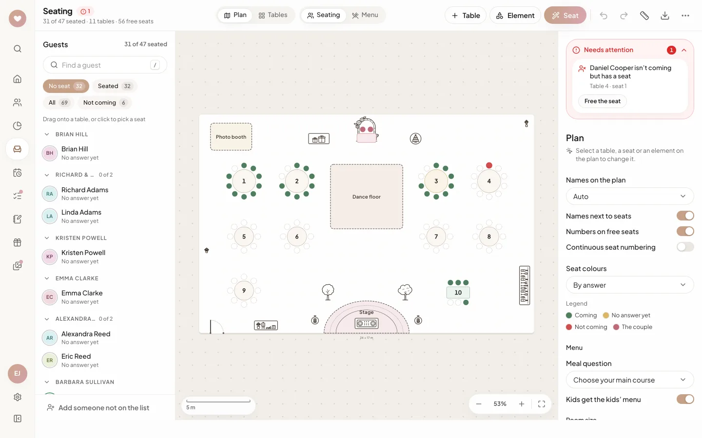The seating editor on a computer: unseated guests on the left, the floor plan with numbered tables and a dance floor in the middle, plan settings and the Needs attention box on the right
