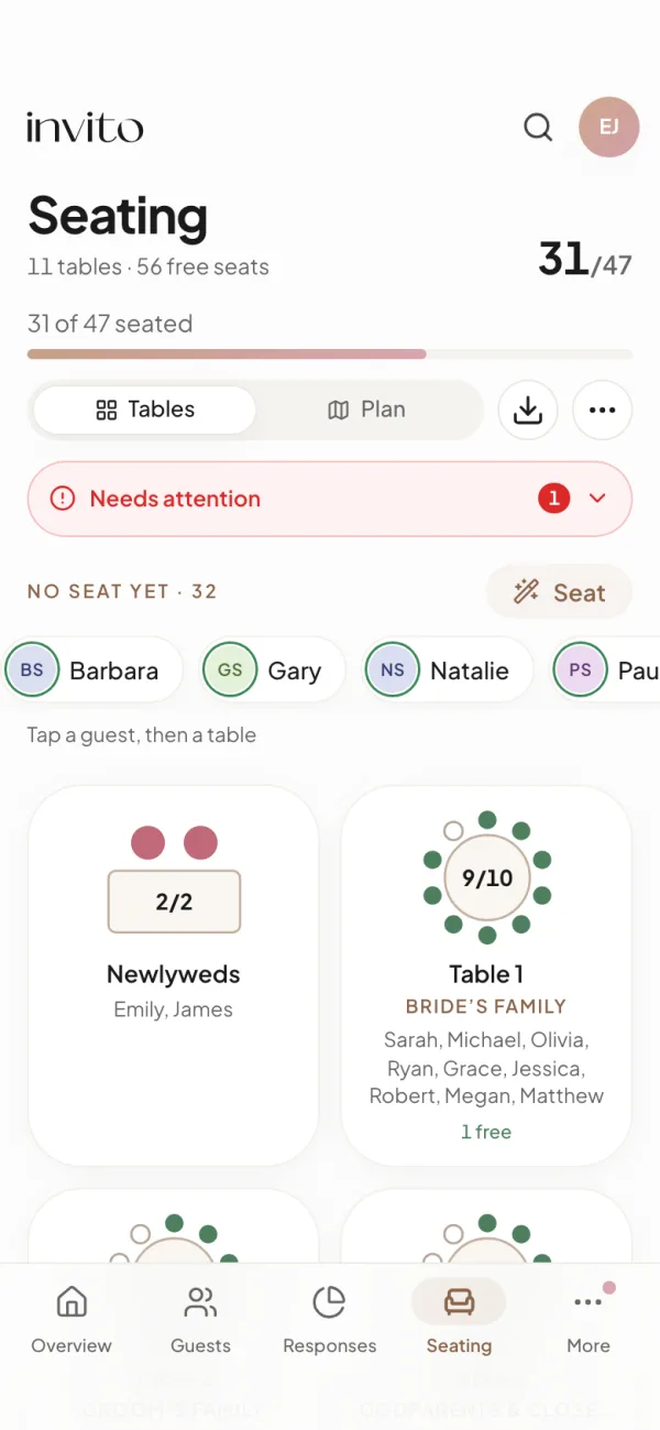 Seating on a phone: a summary, guests with no seat yet and table cards with names