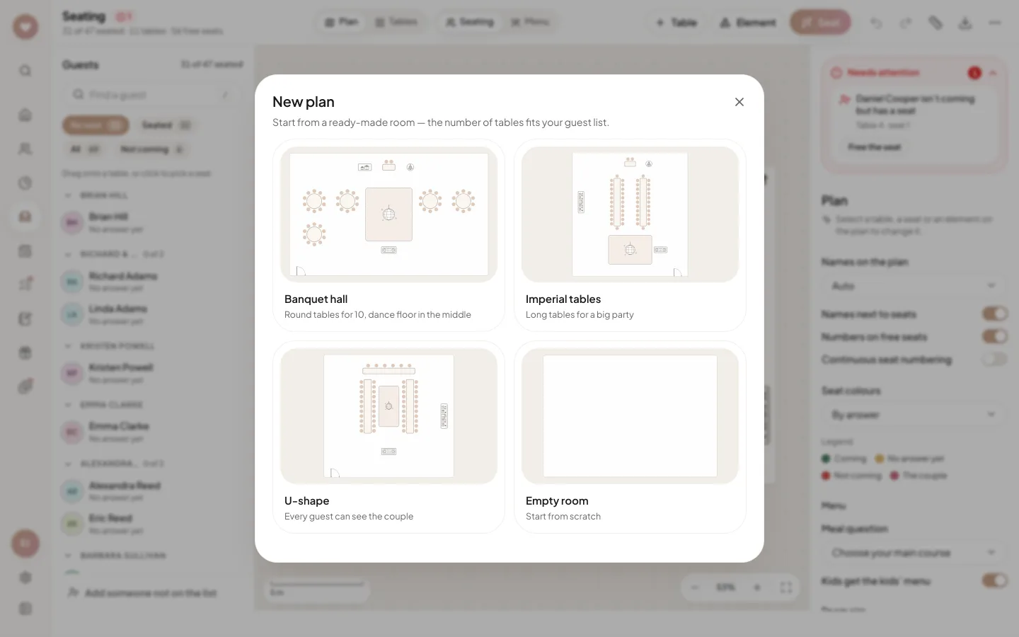 The New plan dialog with four ready-made rooms: Banquet hall, Imperial tables, U-shape and Empty room
