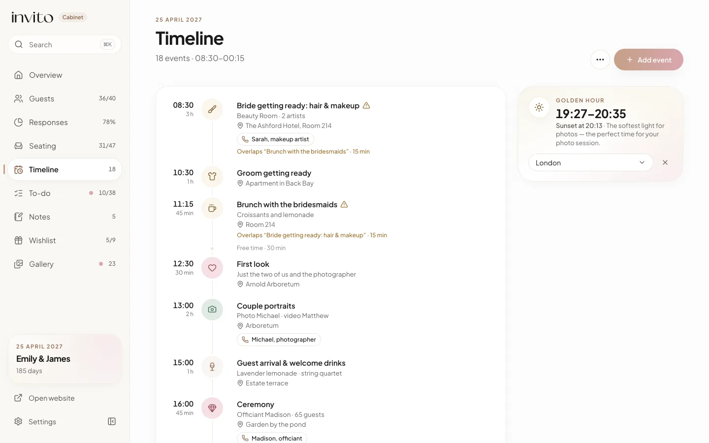 Wedding-day timeline on a computer: events sorted by time and the ‘Golden hour’ card on the right