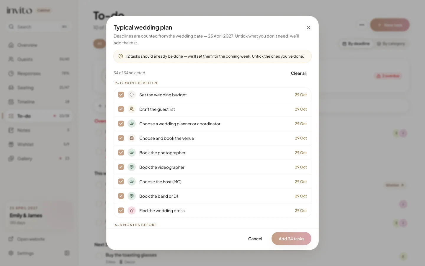 The Typical wedding plan dialog: ticked tasks with dates and a note about tasks that should already be done