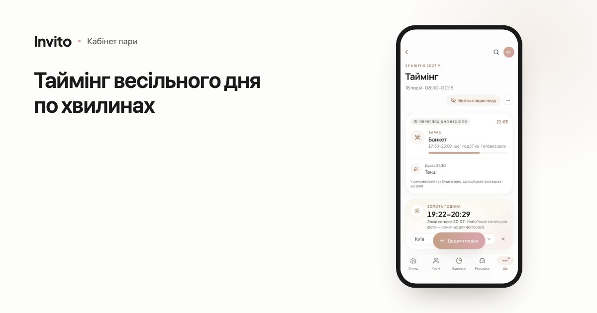 Таймінг весільного дня в кабінеті пари INVITO із карткою золотої години